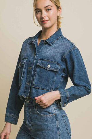 LOVE TREE Raw Hem Button Up Cropped Denim Jacket - 1985 the VAULT Boutique