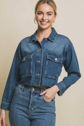 LOVE TREE Raw Hem Button Up Cropped Denim Jacket - 1985 the VAULT Boutique