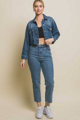 LOVE TREE Raw Hem Button Up Cropped Denim Jacket - 1985 the VAULT Boutique