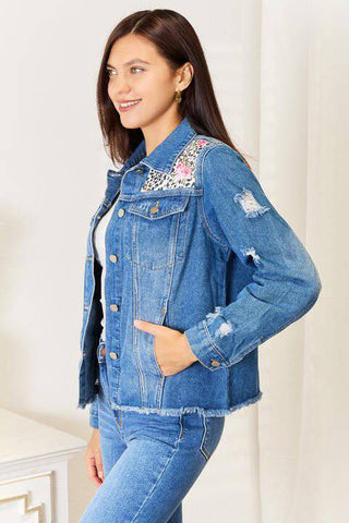 Baeful Leopard Floral Distressed Raw Hem Denim Jacket - 1985 the VAULT Boutique