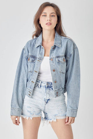 RISEN Full Size Button Down Cropped Denim Jacket - 1985 the VAULT Boutique