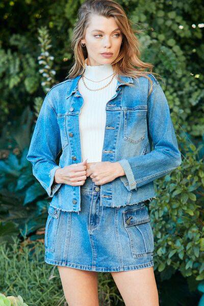 Veveret Button Up Raw Hem Denim Jacket - 1985 the VAULT Boutique