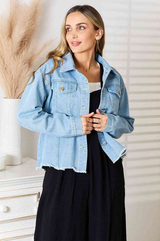 Double Take Dropped Shoulder Raw Hem Denim Jacket - 1985 the VAULT Boutique