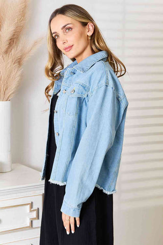 Double Take Dropped Shoulder Raw Hem Denim Jacket - 1985 the VAULT Boutique