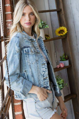 Veveret Distressed Button Up Denim Jacket - 1985 the VAULT Boutique