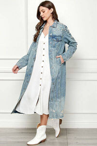 Veveret Full Size Distressed Raw Hem Pearl Detail Button Up Jacket - 1985 the VAULT Boutique