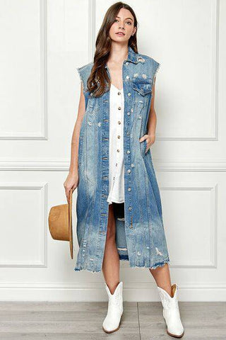 Veveret Full Size Distressed Sleeveless Longline Denim Jacket - 1985 the VAULT Boutique