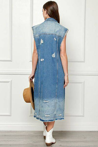 Veveret Full Size Distressed Sleeveless Longline Denim Jacket - 1985 the VAULT Boutique