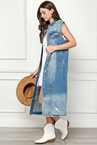 Veveret Full Size Distressed Sleeveless Longline Denim Jacket - 1985 the VAULT Boutique