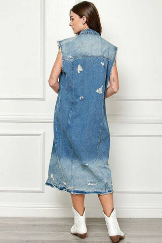 Veveret Full Size Distressed Sleeveless Longline Denim Jacket - 1985 the VAULT Boutique