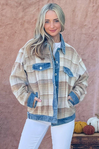 And The Why Full Size Washed Denim Detail Brushed Plaid Jacket - 1985 the VAULT Boutique