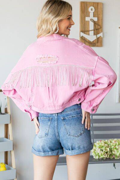 Veveret Fringe Distressed Button Up Denim Jacket - 1985 the VAULT Boutique