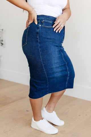 Marcy High Rise Denim Midi Skirt - 1985 the VAULT Boutique