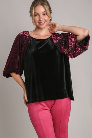 Umgee Round Neck Leopard Balloon Sleeve Velvet Top - 1985 the VAULT Boutique