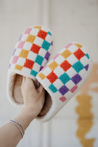 White Vibrant Checkered Plush Thermal Slippers - 1985 the VAULT Boutique