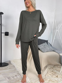 Shiny Round Neck Top and Drawstring Pants Lounge Set - 1985 the VAULT Boutique