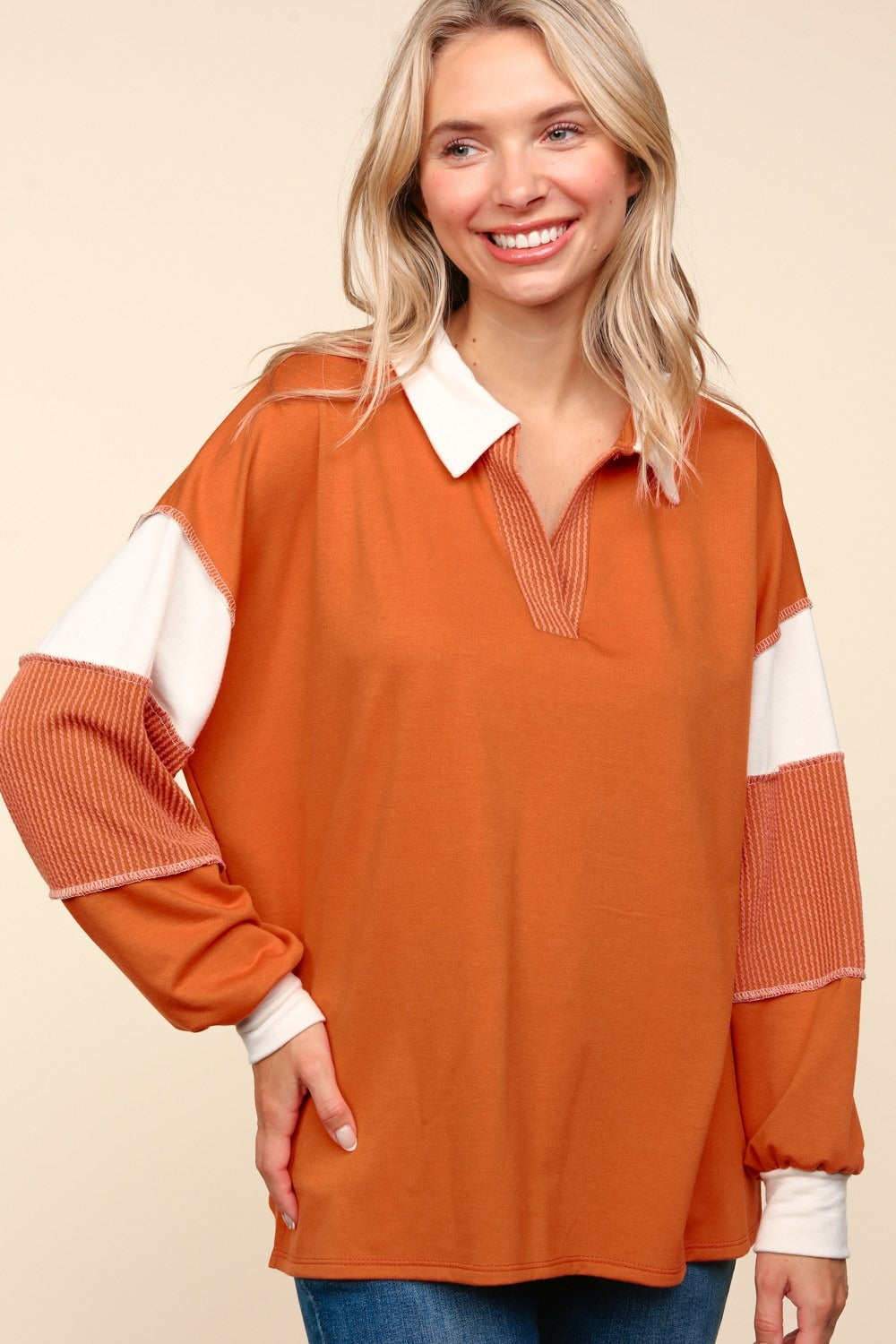 Haptics Color Block Exposed Seam Long Sleeve Top - 1985 THE VAULT