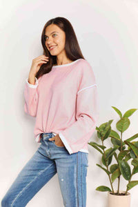 Double Take Contrast Detail Dropped Shoulder Knit Top - Happily Ever Atchison Shop Co.