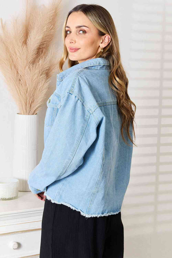 Double Take Dropped Shoulder Raw Hem Denim Jacket - Happily Ever Atchison Shop Co.