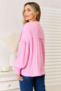 Double Take Exposed Seam Buttoned Notched Neck Blouse - Happily Ever Atchison Shop Co.