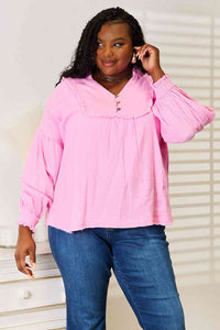 Double Take Exposed Seam Buttoned Notched Neck Blouse - Happily Ever Atchison Shop Co.