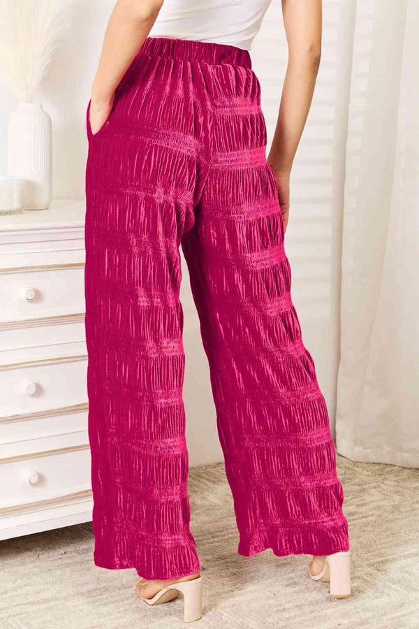 Double Take Full Size High Waist Tiered Shirring Velvet Wide Leg Pants - Happily Ever Atchison Shop Co.