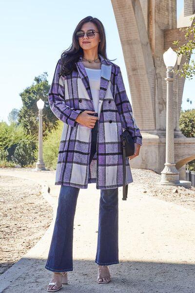 Double Take Full Size Plaid Button Up Lapel Collar Coat - Happily Ever Atchison Shop Co.