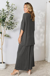 Double Take Full Size Round Neck Slit Top and Pants Set - Happily Ever Atchison Shop Co.