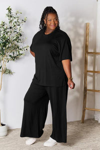 Double Take Full Size Round Neck Slit Top and Pants Set - Happily Ever Atchison Shop Co.