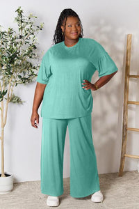 Double Take Full Size Round Neck Slit Top and Pants Set - Happily Ever Atchison Shop Co.