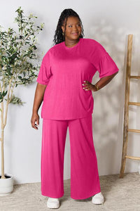 Double Take Full Size Round Neck Slit Top and Pants Set - Happily Ever Atchison Shop Co.