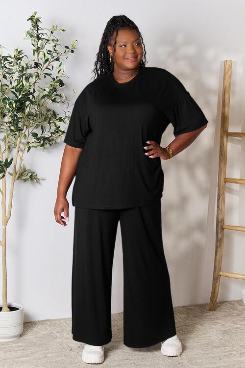 Double Take Full Size Round Neck Slit Top and Pants Set - Happily Ever Atchison Shop Co.