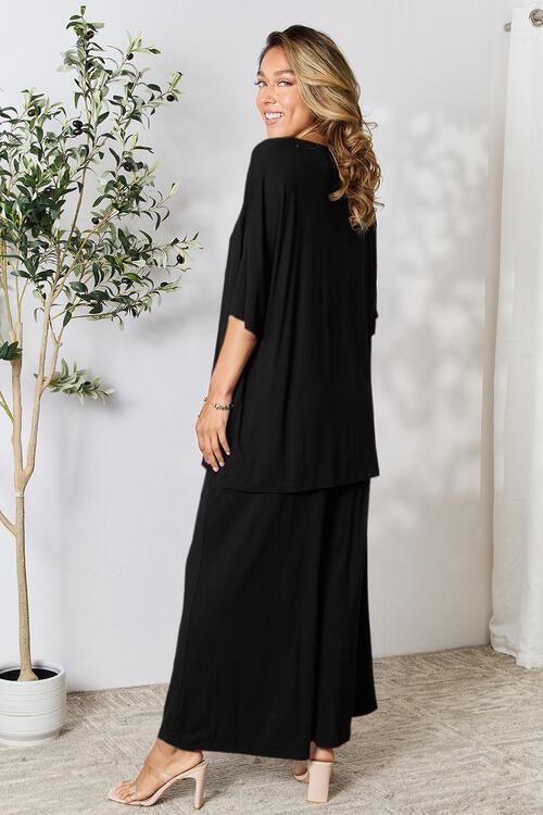 Double Take Full Size Round Neck Slit Top and Pants Set - Happily Ever Atchison Shop Co.