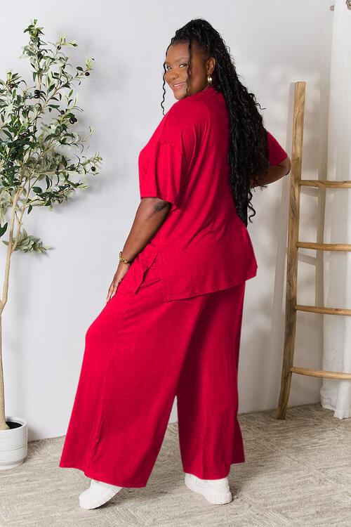 Double Take Full Size Round Neck Slit Top and Pants Set - Happily Ever Atchison Shop Co.