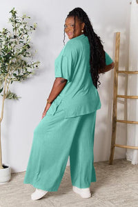 Double Take Full Size Round Neck Slit Top and Pants Set - Happily Ever Atchison Shop Co.