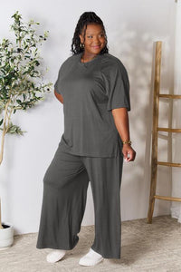 Double Take Full Size Round Neck Slit Top and Pants Set - Happily Ever Atchison Shop Co.