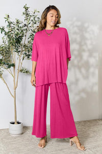 Double Take Full Size Round Neck Slit Top and Pants Set - Happily Ever Atchison Shop Co.