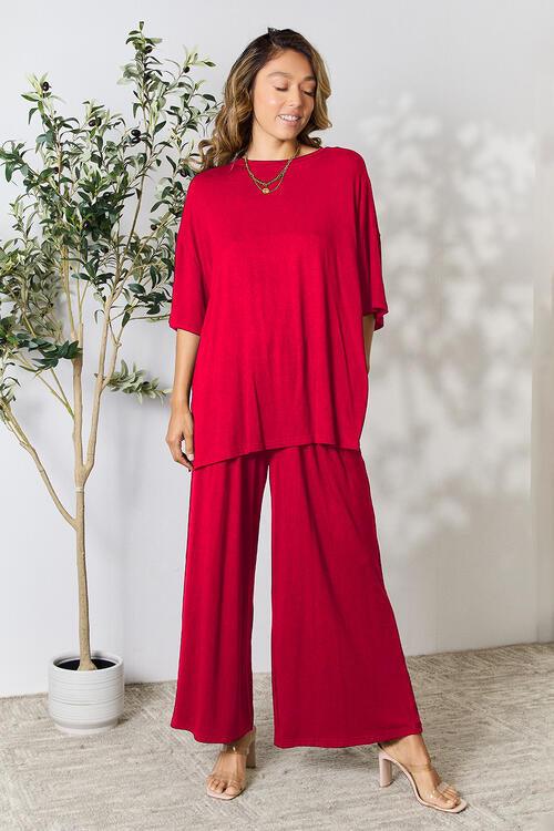 Double Take Full Size Round Neck Slit Top and Pants Set - Happily Ever Atchison Shop Co.