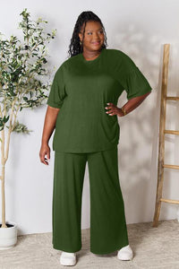 Double Take Full Size Round Neck Slit Top and Pants Set - Happily Ever Atchison Shop Co.