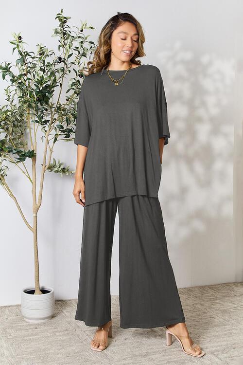 Double Take Full Size Round Neck Slit Top and Pants Set - Happily Ever Atchison Shop Co.