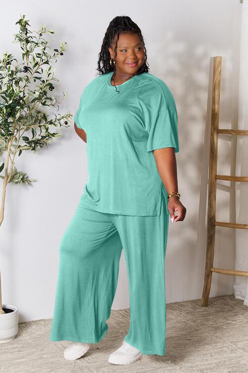 Double Take Full Size Round Neck Slit Top and Pants Set - Happily Ever Atchison Shop Co.