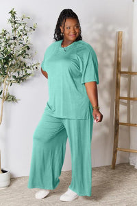 Double Take Full Size Round Neck Slit Top and Pants Set - Happily Ever Atchison Shop Co.