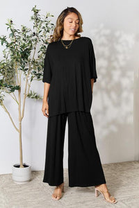 Double Take Full Size Round Neck Slit Top and Pants Set - Happily Ever Atchison Shop Co.