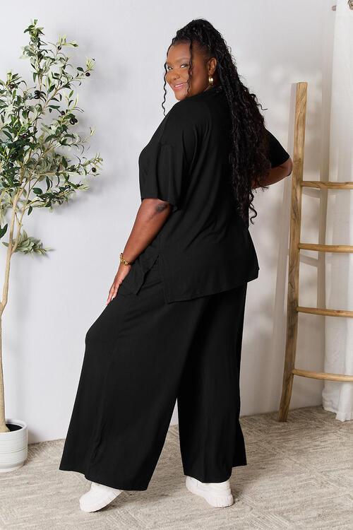 Double Take Full Size Round Neck Slit Top and Pants Set - Happily Ever Atchison Shop Co.