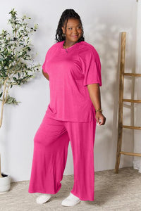 Double Take Full Size Round Neck Slit Top and Pants Set - Happily Ever Atchison Shop Co.