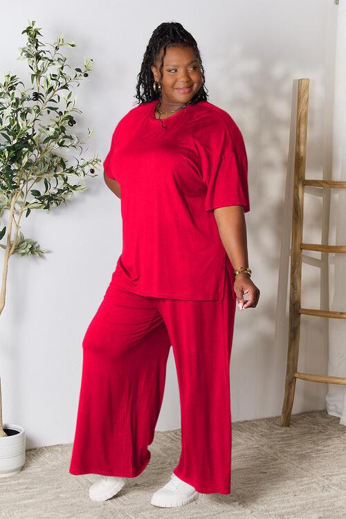 Double Take Full Size Round Neck Slit Top and Pants Set - Happily Ever Atchison Shop Co.