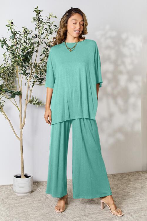 Double Take Full Size Round Neck Slit Top and Pants Set - Happily Ever Atchison Shop Co.