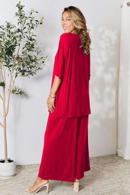 Double Take Full Size Round Neck Slit Top and Pants Set - Happily Ever Atchison Shop Co.