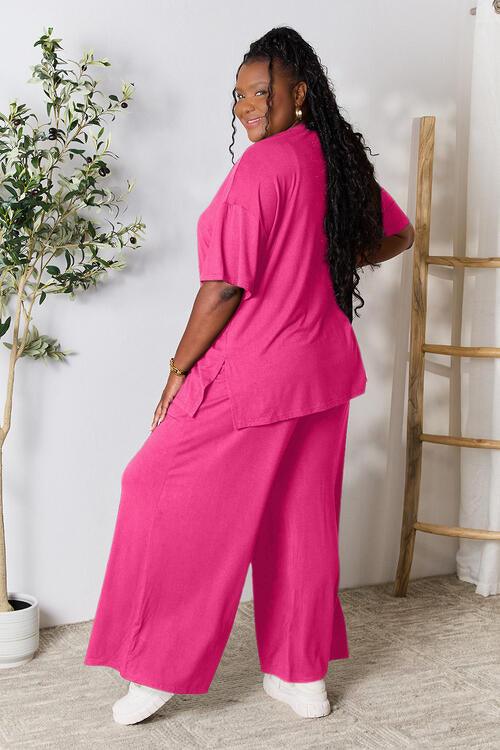 Double Take Full Size Round Neck Slit Top and Pants Set - Happily Ever Atchison Shop Co.