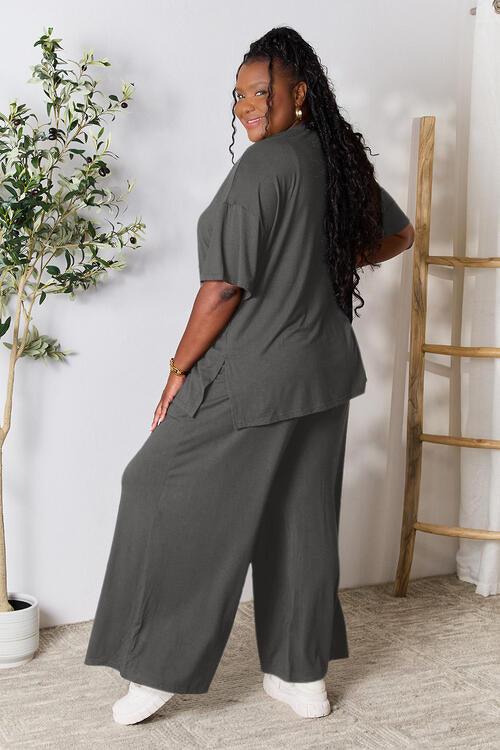 Double Take Full Size Round Neck Slit Top and Pants Set - Happily Ever Atchison Shop Co.